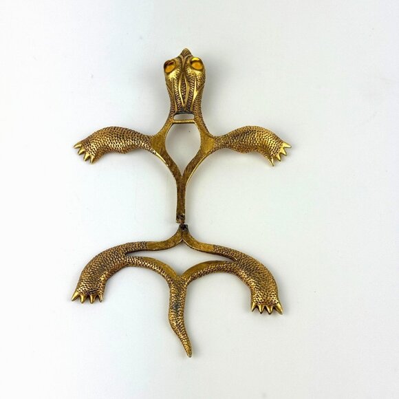 Vtg Large Articulated Turtle? Lizard? Brass Tone Pendant Yellow Glass Eyes 4.75" - Picture 1 of 16